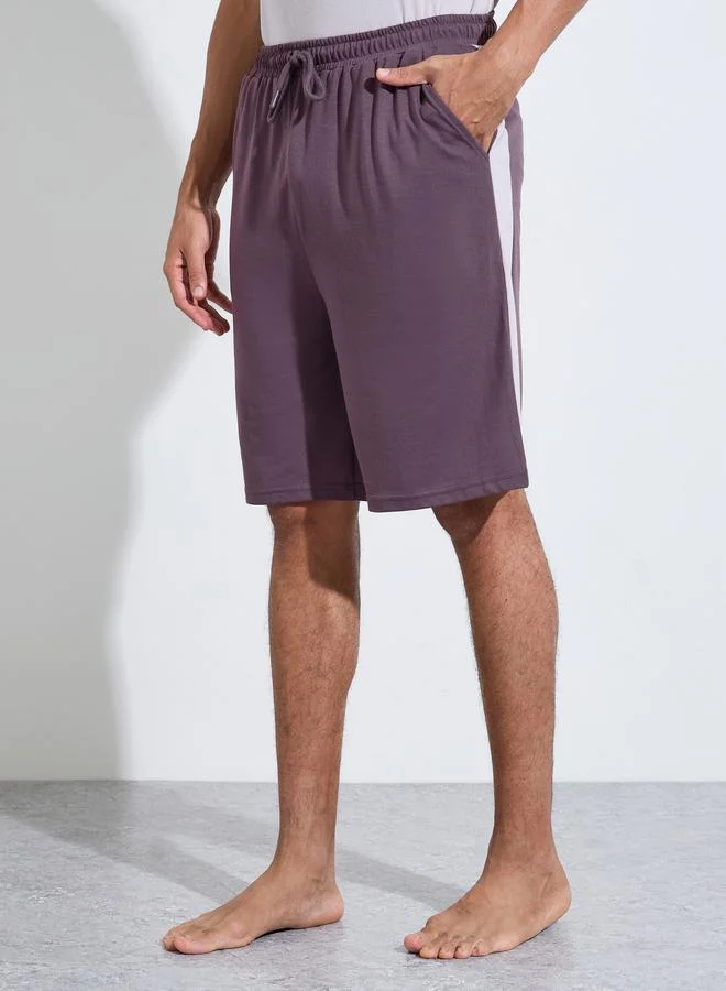 Styli  Purple Color Block Raglan Sleeves T-Shirt and Shorts Pyjama Set for Men | Best Price UAE