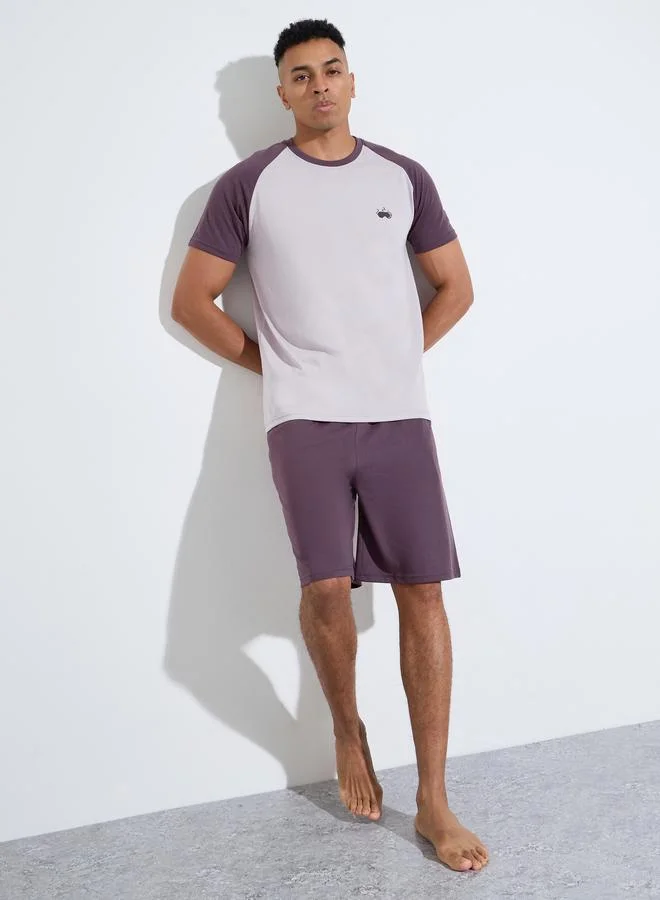 ستايلي Purple Color Block Raglan Sleeves T-Shirt and Shorts Pyjama Set