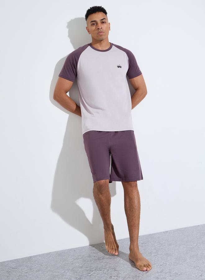 Styli Purple Color Block Raglan Sleeves T-Shirt and Shorts Pyjama Set - Image 1