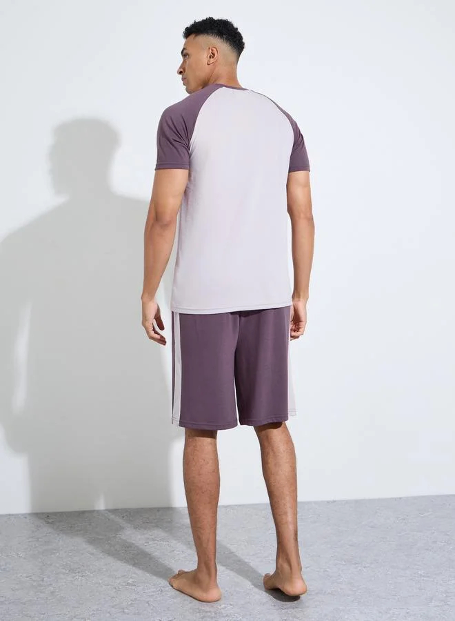 Styli  Purple Color Block Raglan Sleeves T-Shirt and Shorts Pyjama Set for Men | Best Price UAE