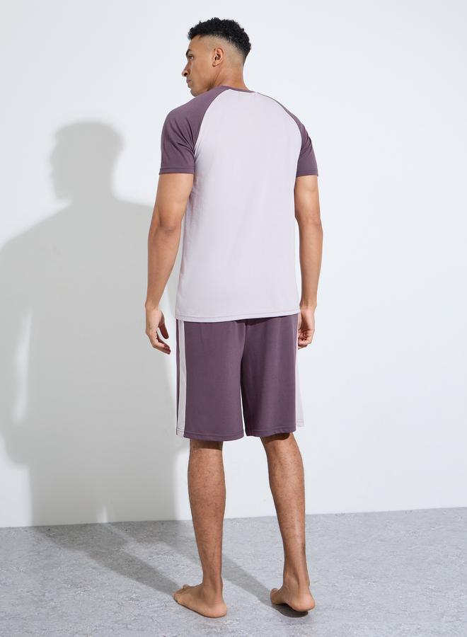 Styli Purple Color Block Raglan Sleeves T-Shirt and Shorts Pyjama Set - Image 3