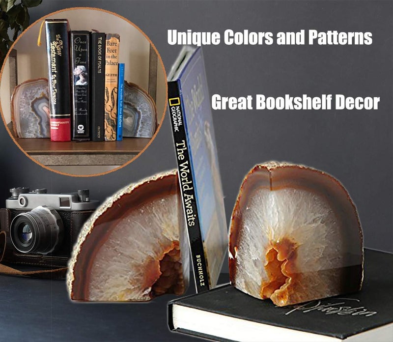 AMOYSTONE Agate Bookends for Shelf Decorative Geode Book Ends for Heavy Books Crystal Bookends for Shelves Nature Brown Small(1 Pair, 2-3 LBS) - Image 2