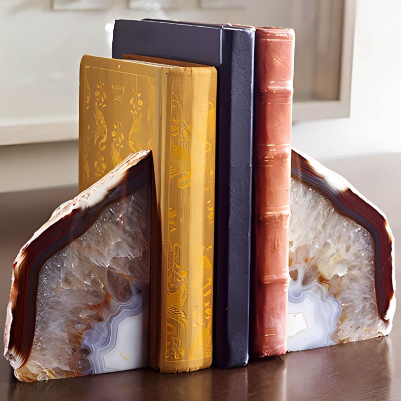 AMOYSTONE Agate Bookends for Shelf Decorative Geode Book Ends for Heavy Books Crystal Bookends for Shelves Nature Brown Small(1 Pair, 2-3 LBS) - Image 1