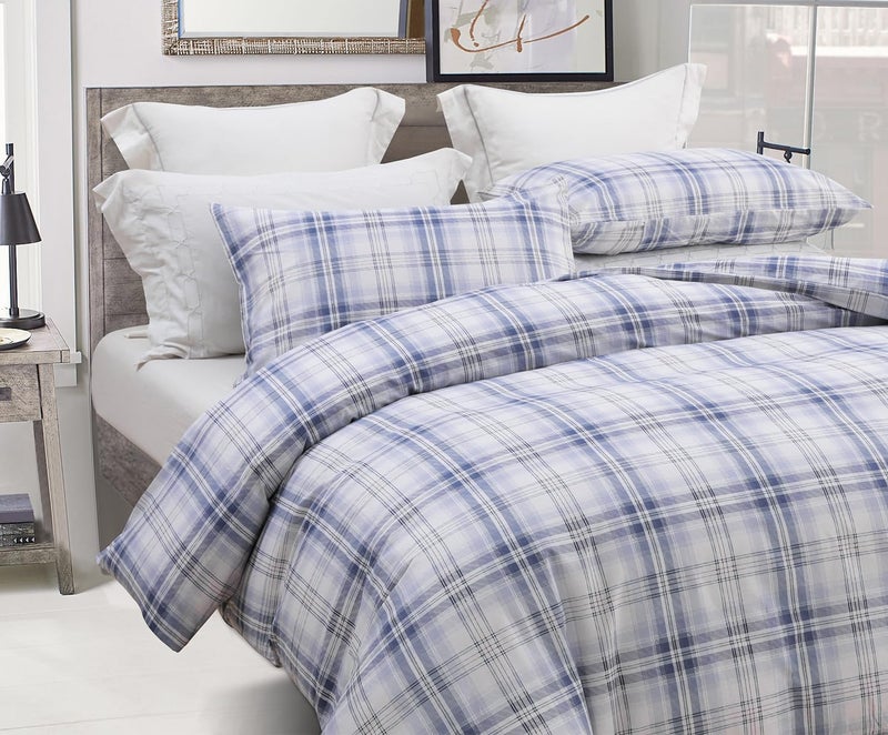 SLEEPBELLA Blue White Grid Duvet Cover Set 100 Cotton Bedding Buffalo Plaid Geometric Checker Pattern with Button Closure 3pcs Queen Size - Image 2