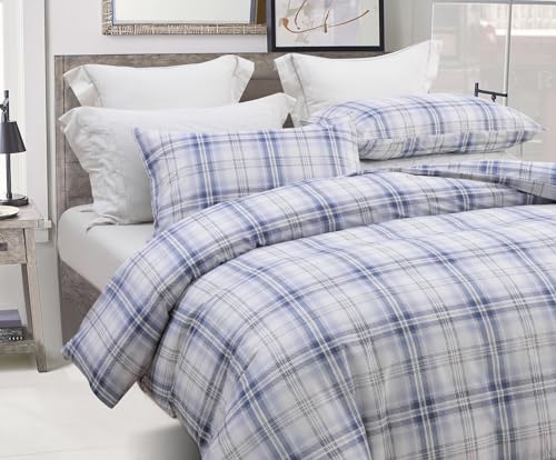 SLEEPBELLA Blue White Grid Duvet Cover Set 100 Cotton Bedding Buffalo Plaid Geometric Checker Pattern with Button Closure 3pcs Queen Size - Image 1