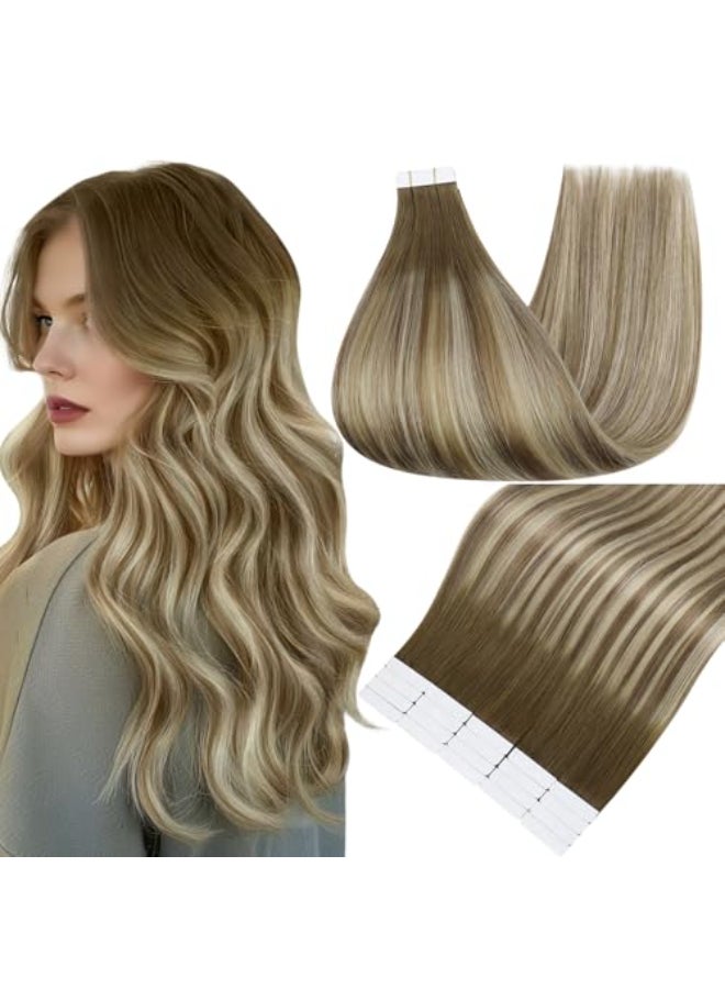 Fshine Full Shine Tape in Hair Extensions Human Hair 20 Inch Ombre Color 3 Fading to 6 Brown and 22 Blonde Balayage Straight Remy Human Hair Tape in Extensions 20 Pieces Soft and Silky 50 Grams Add Length - Image 1