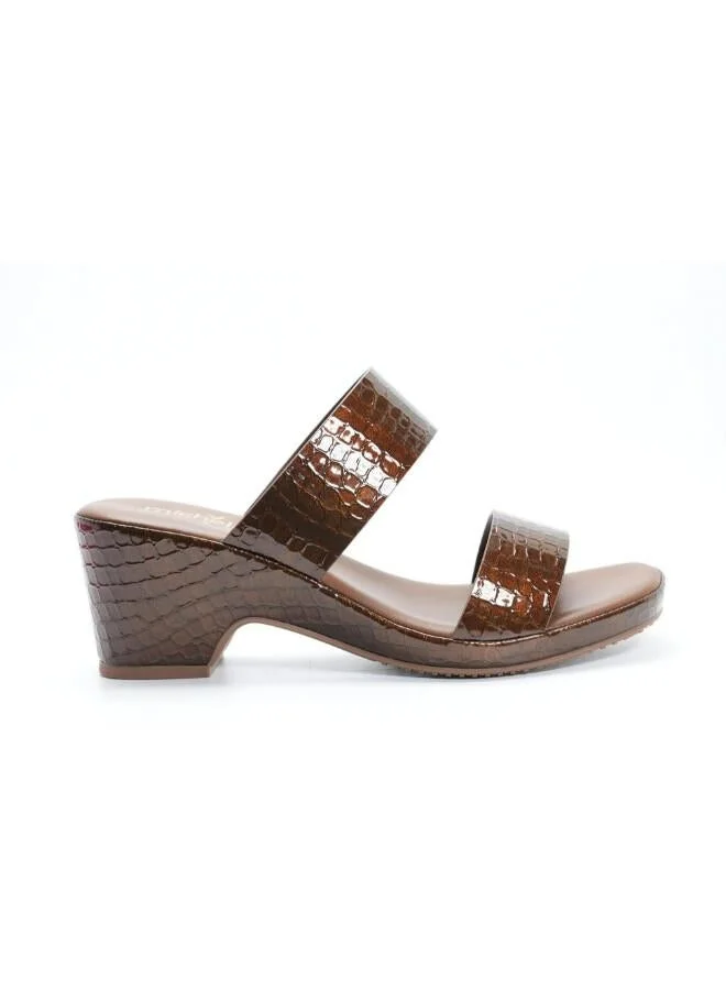 092-3075 Michelle Morgan Women's Patent Croc-Texture Double Strap Block Heel Sandals 514RJ21H Brown