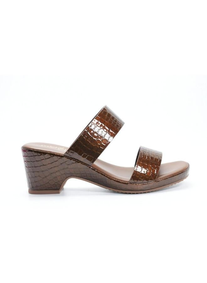 Michelle Morgan 092-3075 Michelle Morgan Women's Patent Croc-Texture Double Strap Block Heel Sandals 514RJ21H Brown - Image 1