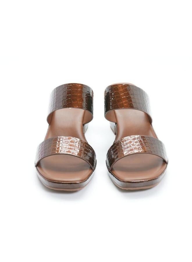 Michelle Morgan 092-3075 Michelle Morgan Women's Patent Croc-Texture Double Strap Block Heel Sandals 514RJ21H Brown - Image 2