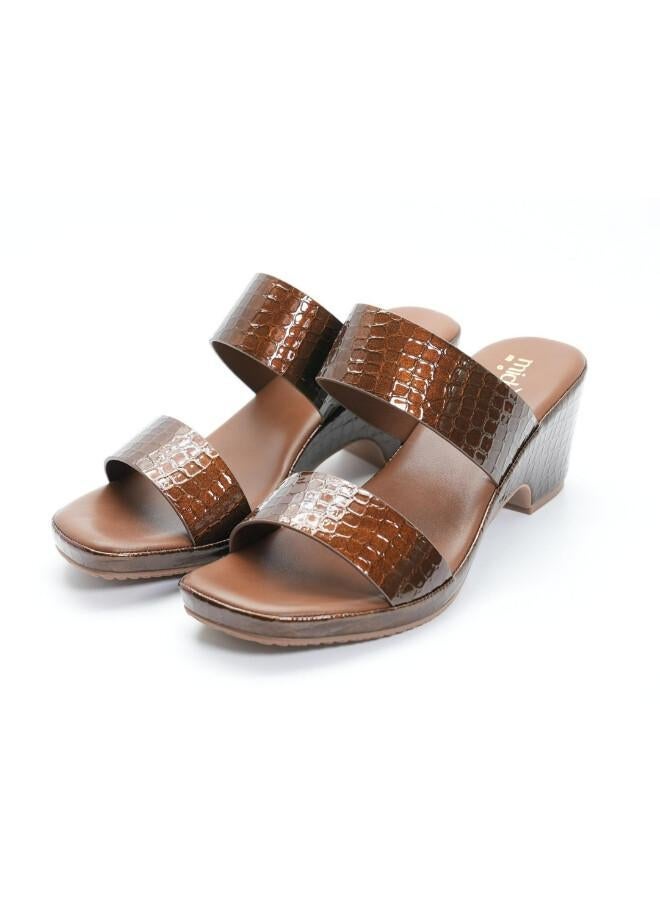Michelle Morgan 092-3075 Michelle Morgan Women's Patent Croc-Texture Double Strap Block Heel Sandals 514RJ21H Brown - Image 4
