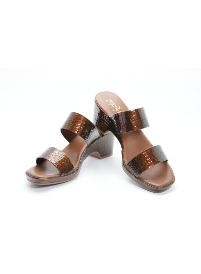 Michelle Morgan 092-3075 Michelle Morgan Women's Patent Croc-Texture Double Strap Block Heel Sandals 514RJ21H Brown - Image 3