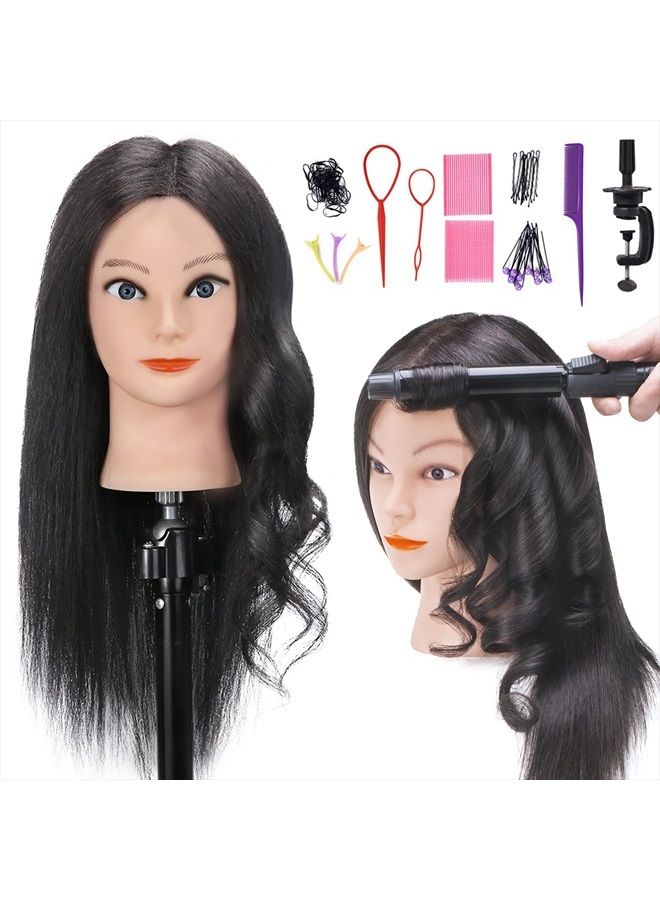 SILKY 100% Real Hair Mannequin Head with Stand, Hairdressers' Practice Training Head and Cosmotology Doll Head for Hairstyling and Braid - Natural Black - Image 1