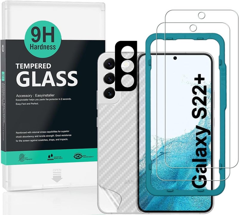 Ibywind [Pack of 2] Screen Protector for SamSung Galaxy S22 Plus 5G 6.6",with Metal Camera Lens Protector,Back Carbon Fiber Skin Protector,Including Easy Install Kit - Image 1