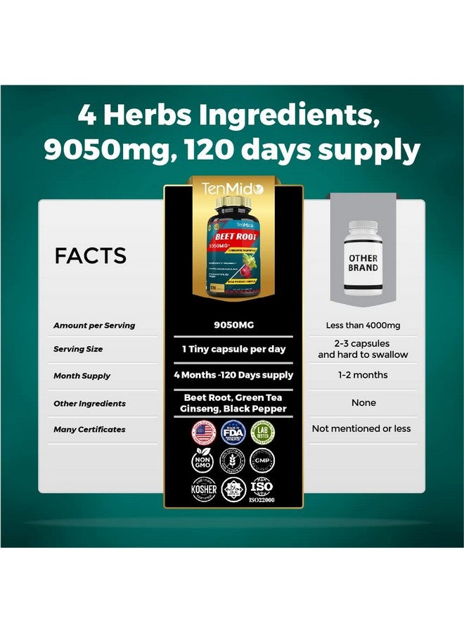 Tenmido Beet Root Extract Capsules Equivalent To 9050Mg 4 Months Supply & Green Tea Ginseng Black Pepper ; Increased Energy Athletic Performance Supports Boosts Stamina ; Nutritional Workout Supplements - Image 4