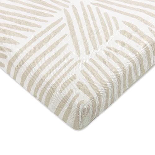 Babyletto 100% Organic Cotton All-Stages Midi Crib Sheet, GOTS-Certified, Fitted 360°, Ultra-Soft and Breathable Muslin - Oat Stripe - Image 1
