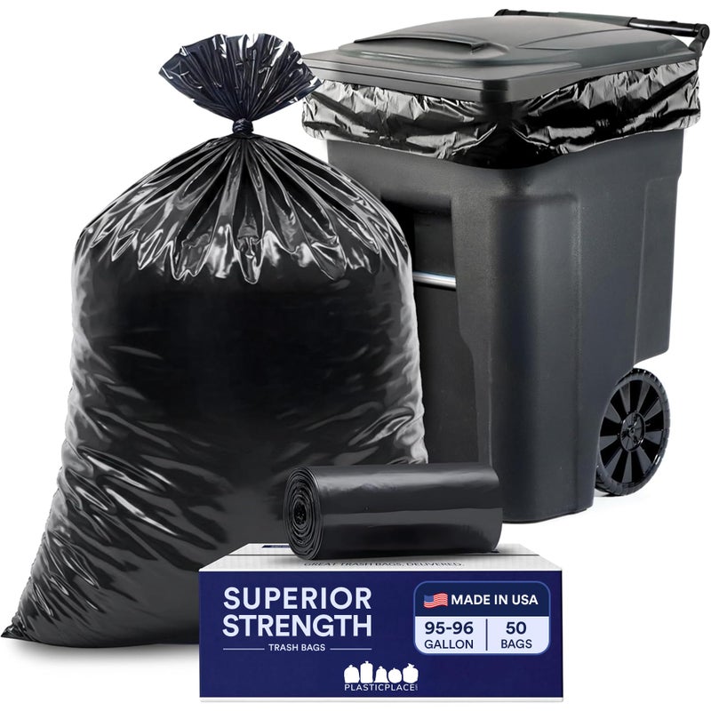 Plasticplace 95-96 Gallon Garbage Can Liners â”‚ 1.5 Mil â”‚ Black Heavy Duty Trash Bags â”‚ 61â€ X 68â€ (50Count) (W95LDB15) - Image 1