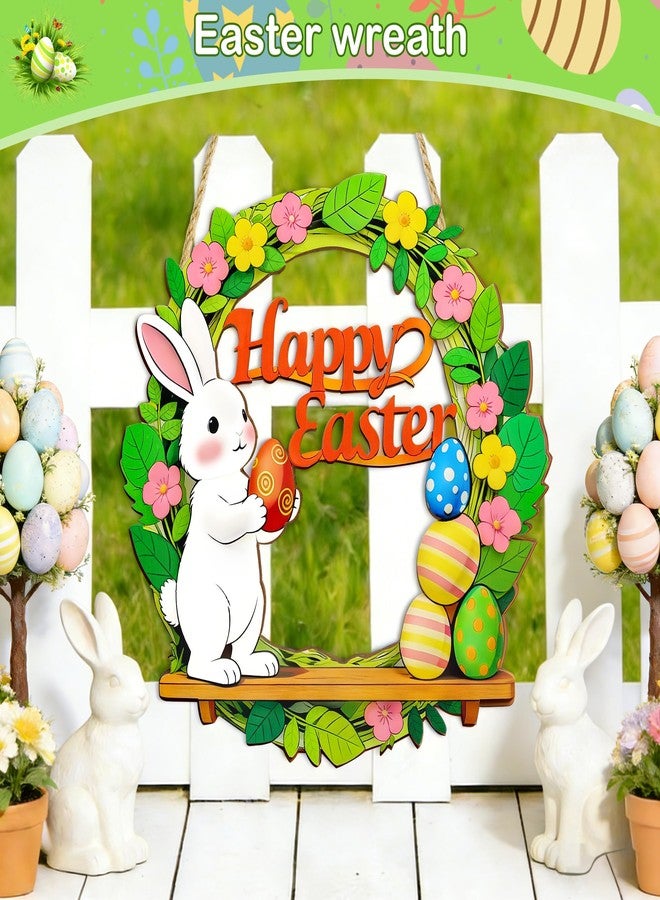 aeloer Easter Door Sign Wreath – Wooden Easter Wreath for Front Door, Bunny & Egg Decorations, Happy Easter Decor for Home Indoor Outdoor Hanging, Spring Easter Party Supply - Image 3