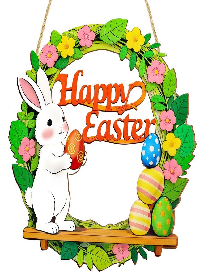 aeloer Easter Door Sign Wreath – Wooden Easter Wreath for Front Door, Bunny & Egg Decorations, Happy Easter Decor for Home Indoor Outdoor Hanging, Spring Easter Party Supply - Image 1