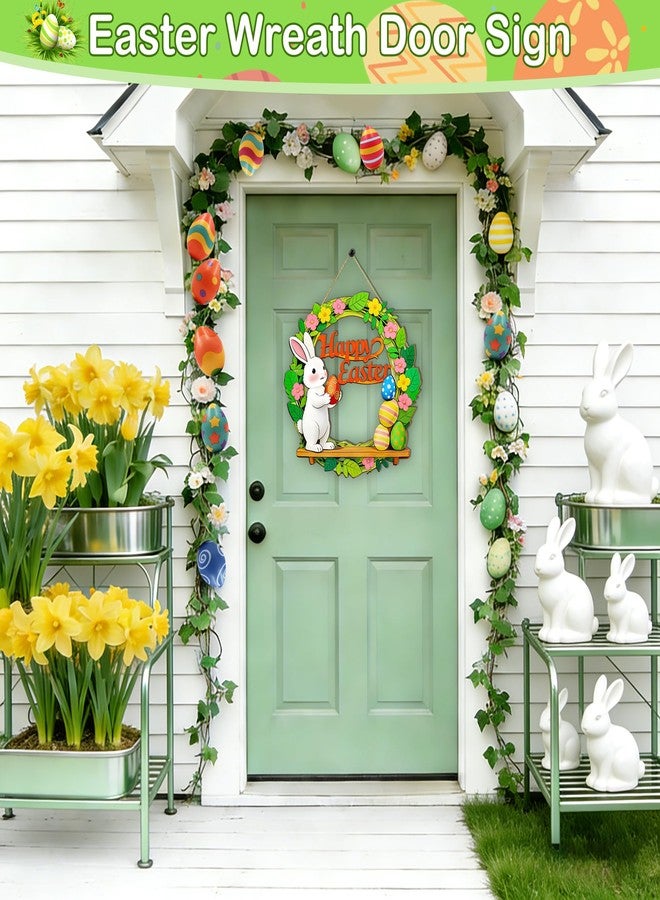 aeloer Easter Door Sign Wreath – Wooden Easter Wreath for Front Door, Bunny & Egg Decorations, Happy Easter Decor for Home Indoor Outdoor Hanging, Spring Easter Party Supply - Image 2