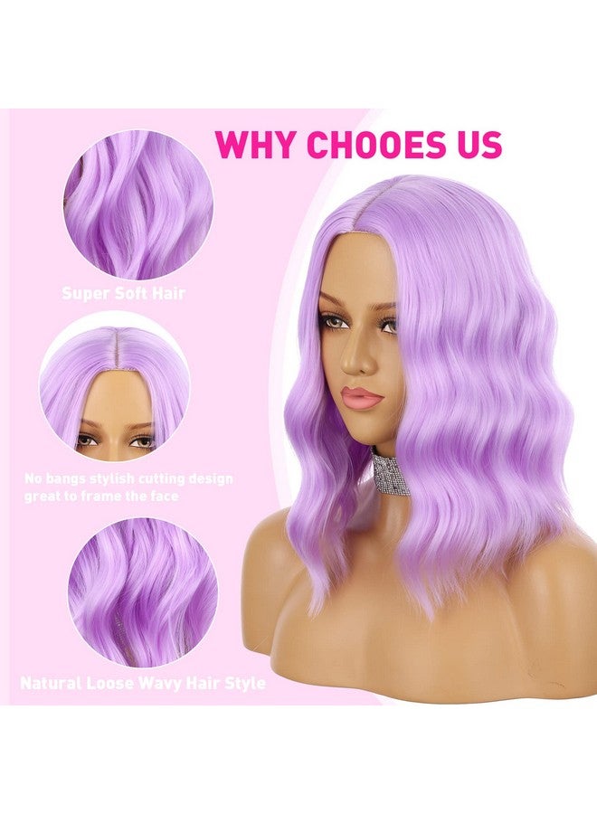 eNilecor Purple Wig Short Colored Wigs Bob Wig For Women Natural Wavy Colorful 14 Inch Middle Part Synthetic Wig For Cosplay Party Costume（Lavender Purple） - Image 3