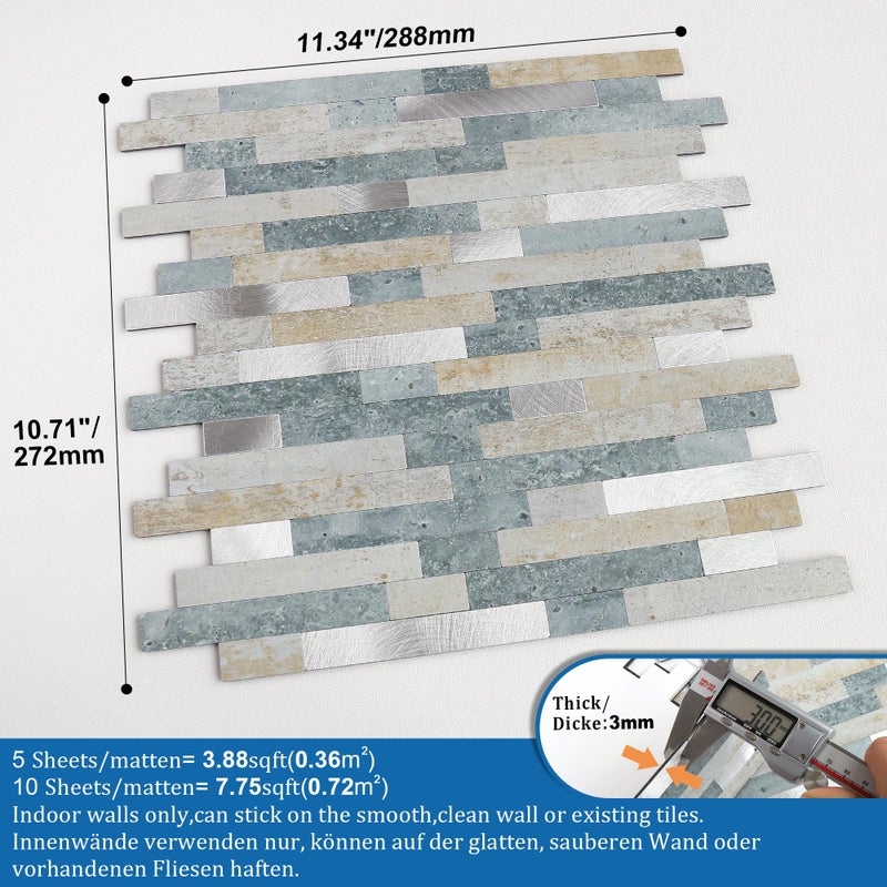 M MOFIT MOFIT 3D Stone Brick Backsplash Tile for Kitchen Peel and Stick Self-Adhesive Wall Tile,Marble Linear Mosaic Tiles Stickers Bathroom Wall Panels Fireplace Vanity (Blue Green Gray,10sheets) - Image 5