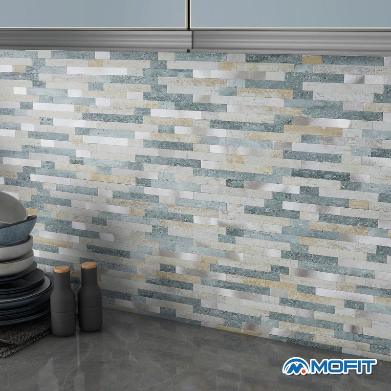 M MOFIT MOFIT 3D Stone Brick Backsplash Tile for Kitchen Peel and Stick Self-Adhesive Wall Tile,Marble Linear Mosaic Tiles Stickers Bathroom Wall Panels Fireplace Vanity (Blue Green Gray,10sheets) - Image 4