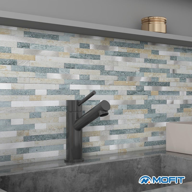 M MOFIT MOFIT 3D Stone Brick Backsplash Tile for Kitchen Peel and Stick Self-Adhesive Wall Tile,Marble Linear Mosaic Tiles Stickers Bathroom Wall Panels Fireplace Vanity (Blue Green Gray,10sheets) - Image 3