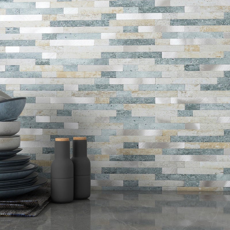 M MOFIT MOFIT 3D Stone Brick Backsplash Tile for Kitchen Peel and Stick Self-Adhesive Wall Tile,Marble Linear Mosaic Tiles Stickers Bathroom Wall Panels Fireplace Vanity (Blue Green Gray,10sheets) - Image 1