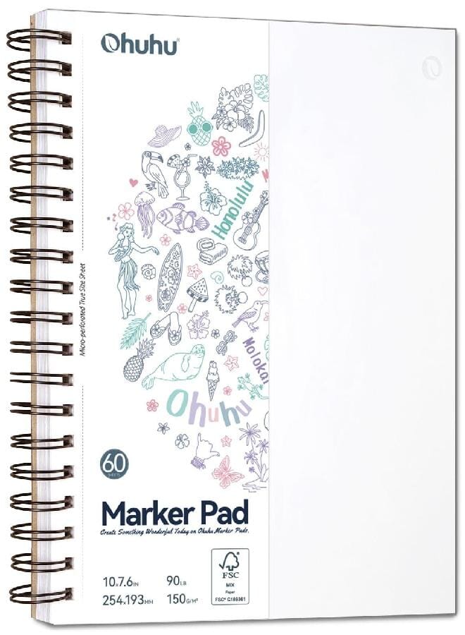 Ohuhu Ohuhu Double-Sided Marker Pads Art Sketchbook Bleedproof - 7"x10" Large Paper Size - 90 lb/150 GSM Smooth Drawing Paper - 60 Sheets/120 Pages, Spiral Bound Sketching Book for  Markers Paints - Image 1