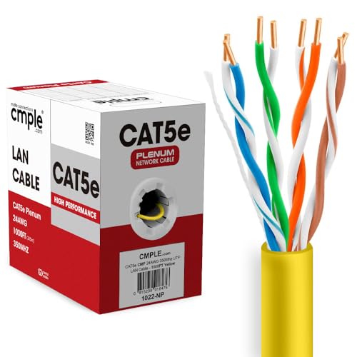 Cmple - Cat5e Plenum Cable 1000ft, CMP, Yellow, 350MHz Gigabit Ethernet Solid Network Internet Bulk UTP - Image 1