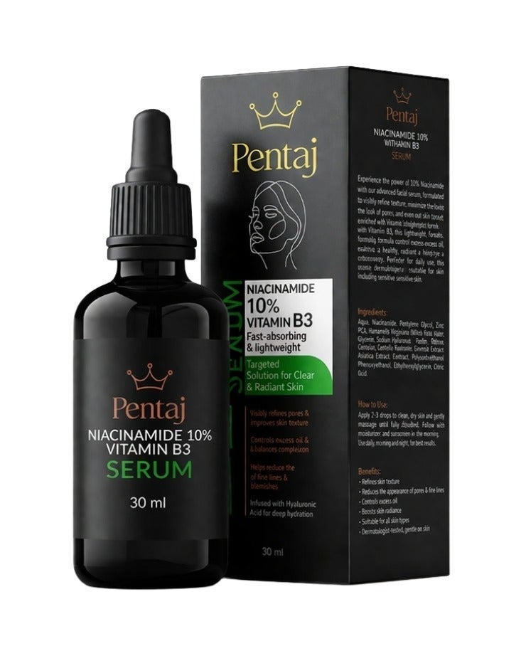 بنتاج Pentaj Serum Niacinamide 10% Vitamin B3 سريع الامتصاص وخفيف الوزن حل موجه لبشرة صافية ومشرقة يقلل البقع الداكنة والتصبغات يتحكم في الدهون الزائدة ويصغر المسام يساعد على تقليل الحبوب والالتهابات معزز بحمض الهيالورونيك لترطيب عميق 30 مل - Image 1