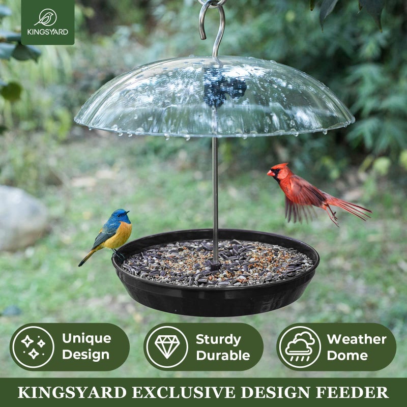 Kingsyard Adjustable Platform Bird Feeder for Outdoors, Hanging Metal Seed Tray with Clear Rain Proof Dome, Large Capacity for Wild Bluebird Cardinal Dove Mealworm, Black - Image 2