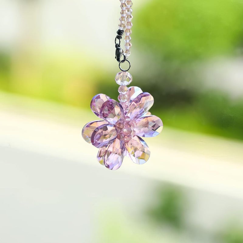 Chiorgone Pink Crystal Flower Car Charm for Women - Feng Shui Rearview Mirror Hanging Ornament - Crystal Bead Auto Interior Decor - Image 4