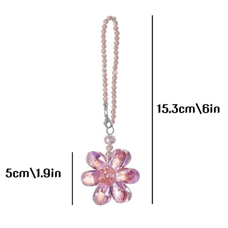 Chiorgone Pink Crystal Flower Car Charm for Women - Feng Shui Rearview Mirror Hanging Ornament - Crystal Bead Auto Interior Decor - Image 3