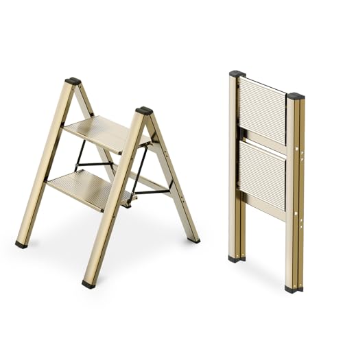 WOA WOA 2 Step Ladder, Foldable Step Stool, Aluminum Lightweight Ladder for Home Kitchen Closet, Anti-Slip Pedals, Ease of Folding, Portable, 300lbs Capacity - Gold - Image 1