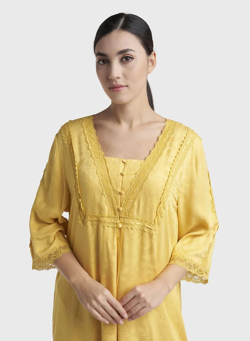 Kashkha Gold Jacquard Self-Print Rayon Long Nightwear Dress (CNH505)