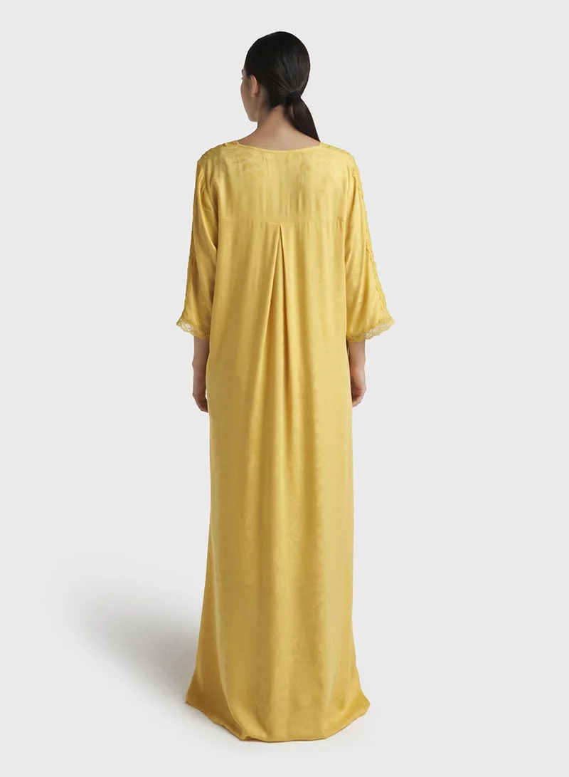 Kashkha  Gold Jacquard Self-Print Rayon Long Nightwear Dress (CNH505) for Women | Best Price UAE