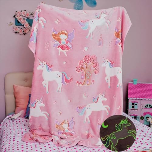 Famyo® Queen Size Glow in The Dark Blanket for Kids - Unicorn & Fairy | 200x152 cm, 0-15 Years | Soft Flannel Fleece Throw | Cozy & Warm All-Season Glow Blanket | Ideal Gift for Boys & Girls (Pink) - Image 5