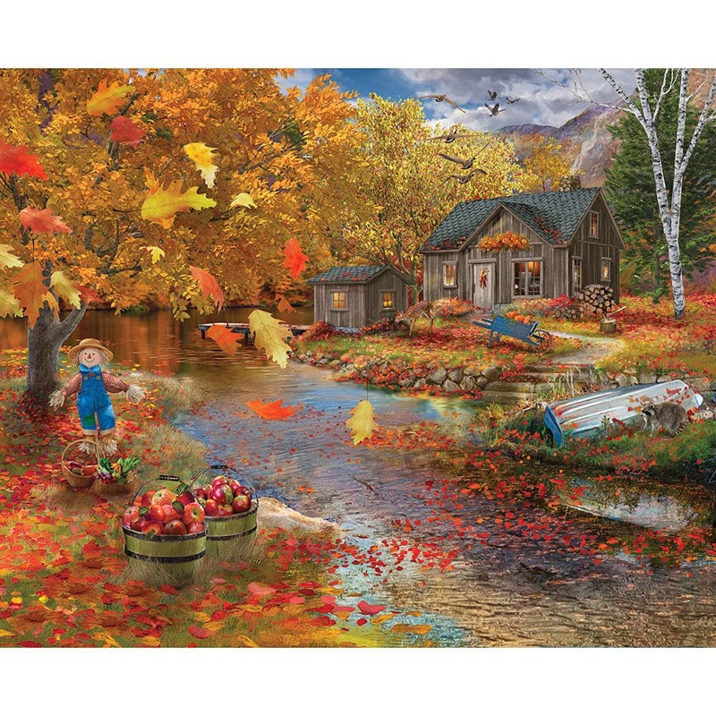 Bits and Pieces – 300 Piece Jigsaw Puzzle for Adults – Autumn Cabin - Fall Forest Lake Tree Leaves Scarecrow Rustic Jigsaw Puzzle by Artist Bigelow Illustrations, Completed Puzzle Size: 18" x 24" - Image 1
