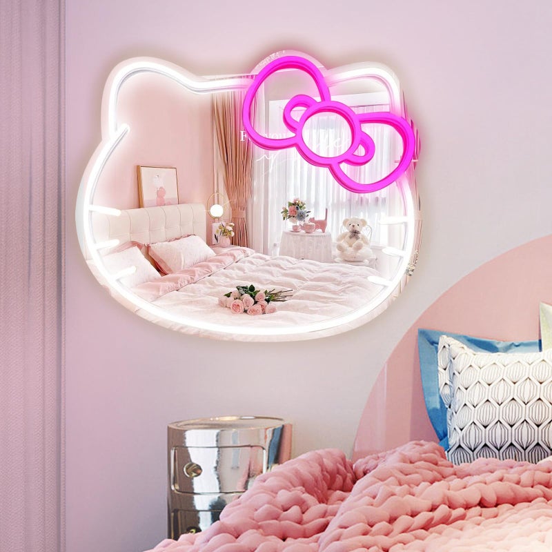MCJSGSP Anime Hello Kit Mirror with Light Neon Signs for Wall Decor, Teen Girl Giftï¼ŒMakeup Mirror neon Sign Room Decor (14.6 * 12.2 inch) - Image 1