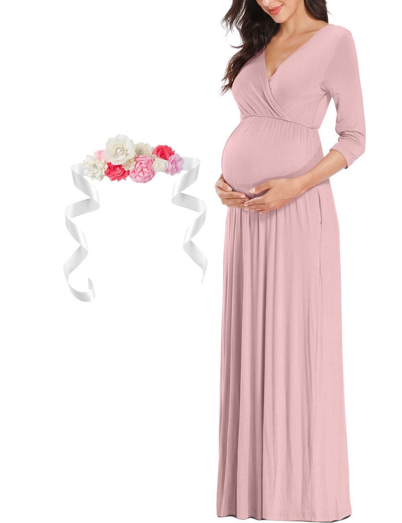KIM S Maternity Dress Winter Dress for Baby Shower Photoshoot Christmas Pregnancy Clothes Wrap Maxi Outfits 2025 (Dusty Pink M) - Image 3