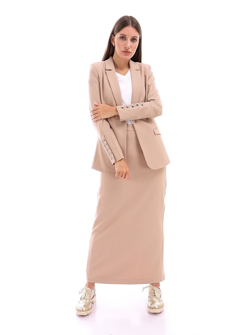 Esla Elegant Side Pockets Pencil Skirt With Back Slit - Beige  - Image 1