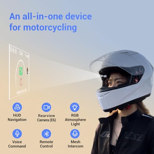 MOTOEYE E6 Motorcycle Helmet HUD Head Up Display BluetoothGPS CarPlay Android Auto Mesh Intercom Rearview Camera Remote Control Noise Reduction RGB Lights IP66 for All Helmets E6 - Image 3