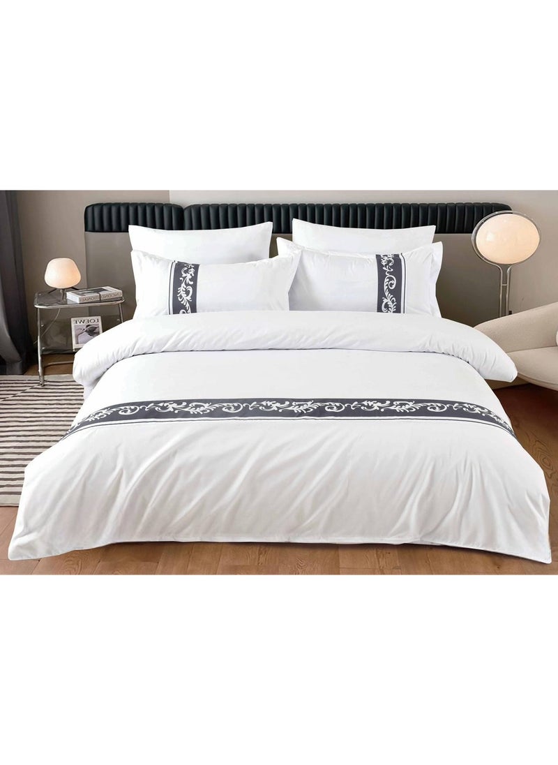 llwoo Premium 400 Thread Count Cotton King Size Quilt Cover Set - Luxurious Sateen Weave Printer Striped Bedding with Hidden Zipper Closure - Includes 4 Pillow Cases (White, 220*240 cm) 