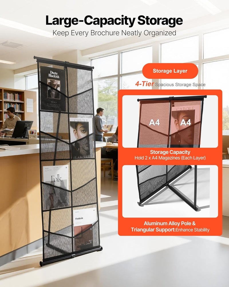 VEVOR Brochure Display Stand, 4-Tier 8 Pockets Mesh Literature Display Holder, Floor Standing Magazine Newspaper Catalog Rack, Lightweight and Portable with Carrying Bag for Shop Exhibitions Office - Image 3