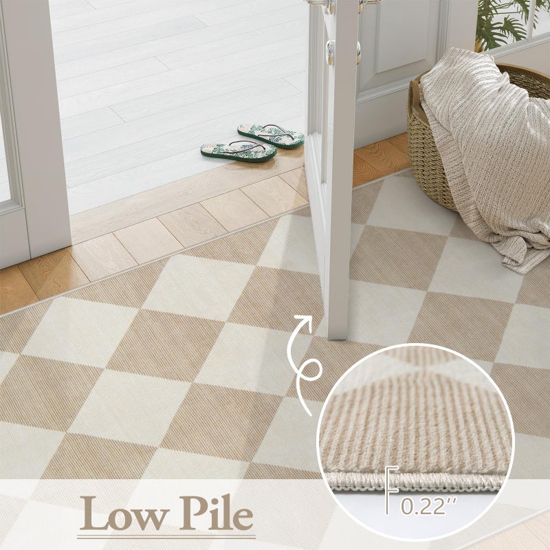 Beeiva Checkered Print Washable Indoor Door Mats for Entryway, 2x3 Non Slip Ultra Thin Bathroom Rugs Fit Under Door, Moroccan Diamond Decor Beige Small Rugs for Bedroom Kitchen Laundry Entrance - Image 5