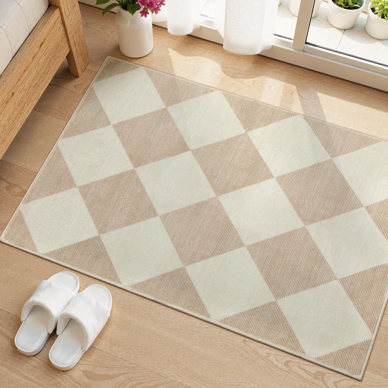 Beeiva Checkered Print Washable Indoor Door Mats for Entryway, 2x3 Non Slip Ultra Thin Bathroom Rugs Fit Under Door, Moroccan Diamond Decor Beige Small Rugs for Bedroom Kitchen Laundry Entrance - Image 1