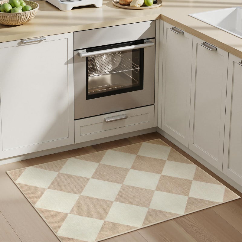 Beeiva Checkered Print Washable Indoor Door Mats for Entryway, 2x3 Non Slip Ultra Thin Bathroom Rugs Fit Under Door, Moroccan Diamond Decor Beige Small Rugs for Bedroom Kitchen Laundry Entrance - Image 2