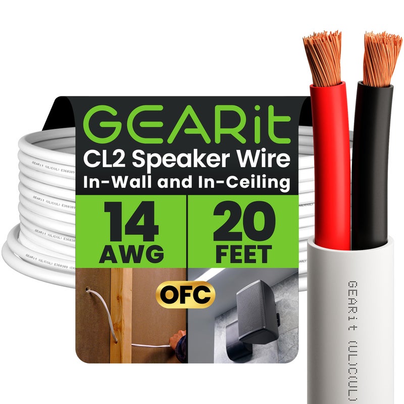 GEARit 14/2 Speaker Wire (20 Feet) 14AWG Gauge - Fire Safety in Wall Rated Audio Speaker Wire Cable / CL2 Rated / 2 Conductors - OFC Oxygen-Free Copper, White 20ft - Image 1