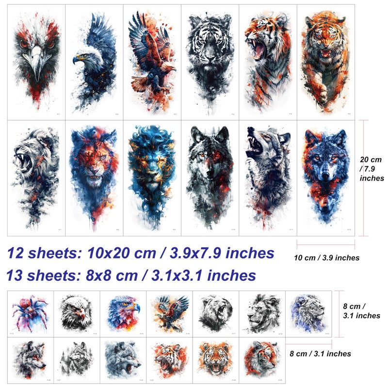 إيفر جوي Everjoy 25 Sheets Tough Beast Tattoo Tattoo Dettoo 12 Sheets Arm Arm Barge Allostlor Antatoos Fake 13 PCS Small Animals Tattoo Tattoo Tattoo للرجال والنساء - Image 2